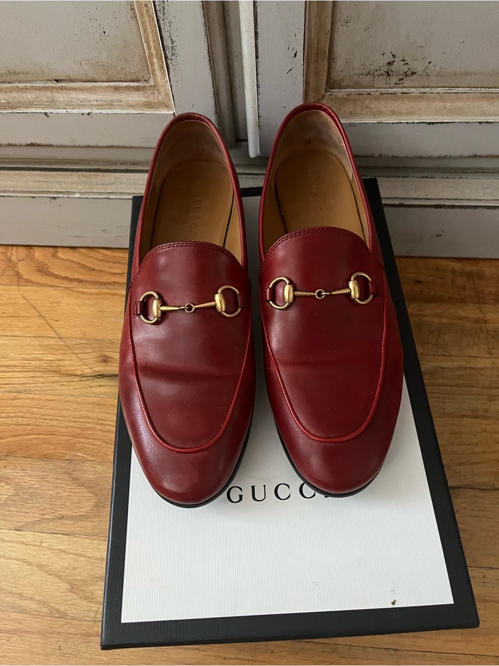 Gucci women’s Red Leather Horsebit Slip-On Loafers